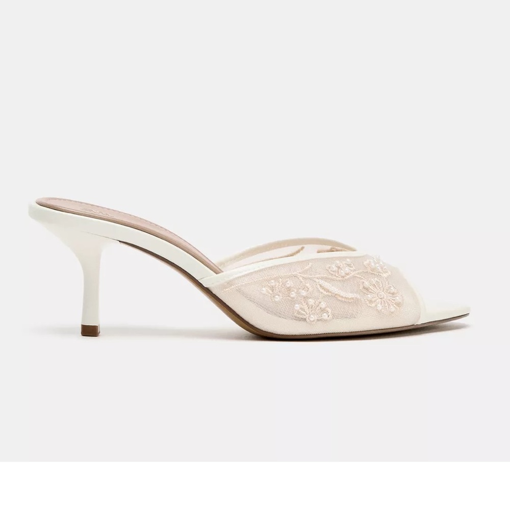 Zara open toe ivory off white embroidered embellished mesh sandal heels - Picture 2 of 5